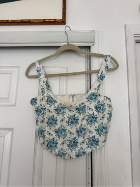 With Jean Cream Crop Top with Blue Floral Print